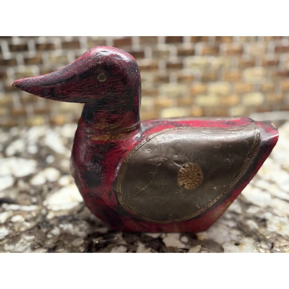Vintage DUCK Hand Carved Wooden Copper figurine 5 1/2 H 8' L